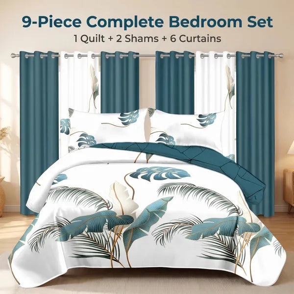 9 Piece Tropical Palm Leaf Bedspread Curtain Set Queen King Cal King Bedding