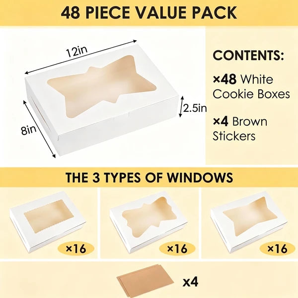 48 Pack Bakery Boxes with Window 12x8x2.5 White Cookie Pastry Donut Boxes
