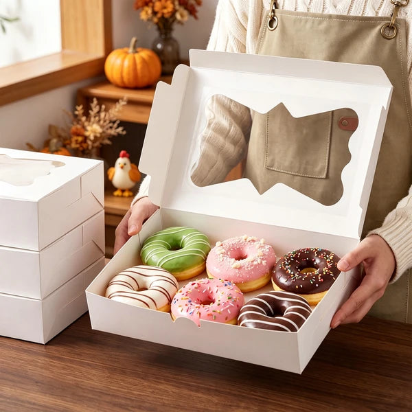 48 Pack Bakery Boxes with Window 12x8x2.5 White Cookie Pastry Donut Boxes