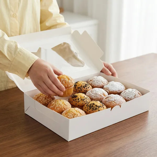 48 Pack Bakery Boxes with Window 12x8x2.5 White Cookie Pastry Donut Boxes