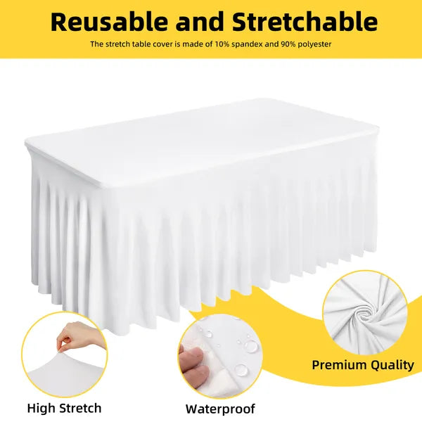 6FT White Spandex Table Skirt 72x30 Ruffled Fitted Tablecloth Wedding Party