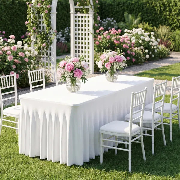 6FT White Spandex Table Skirt 72x30 Ruffled Fitted Tablecloth Wedding Party